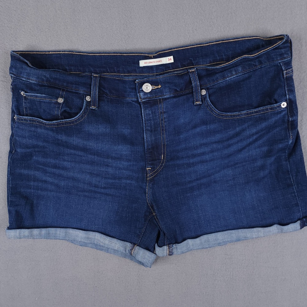 Levi Strauss Mid Length Shorts 34 Blue Denim Cuffed Dark Wash Casual Stretch